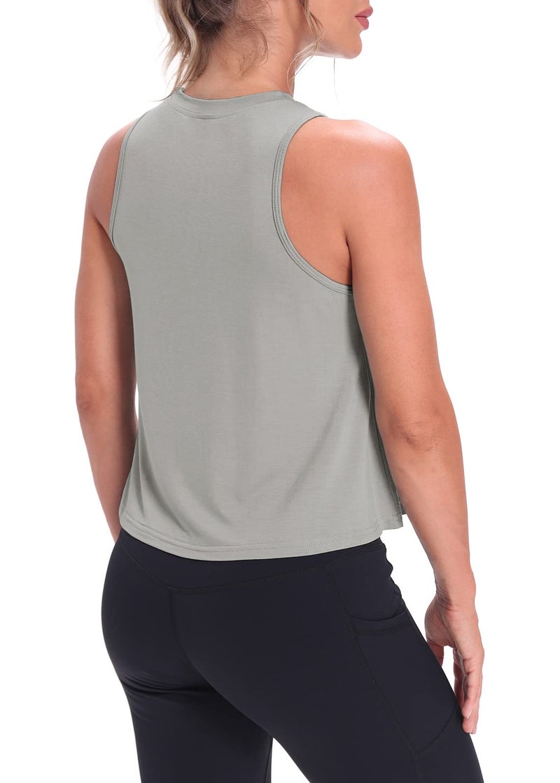 Mippo Cropped Workout Tops for Women Workout Shirts Sleeveless Tank Flowy Loose Crop High Neck Tank Tops Gray M - Image 3