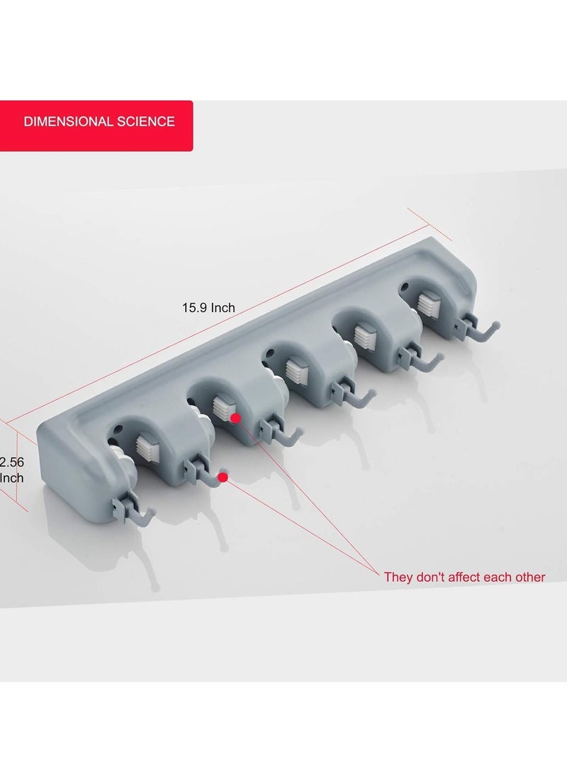 "Broom and Mop Holder – Wall-Mounted Garden Tool Organizer, 5 Positions with 6 Hooks, Garage Storage Rack, 1 Pack (Grey)" - Image 2