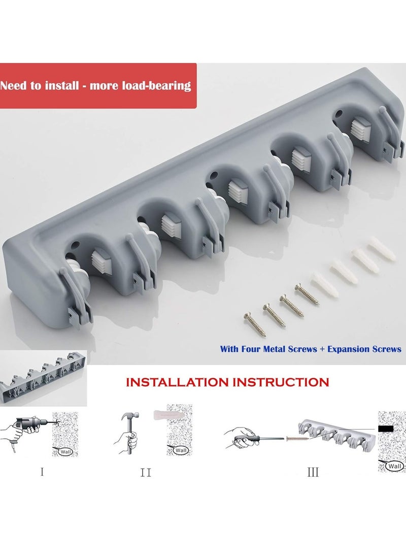 "Broom and Mop Holder – Wall-Mounted Garden Tool Organizer, 5 Positions with 6 Hooks, Garage Storage Rack, 1 Pack (Grey)" - Image 3