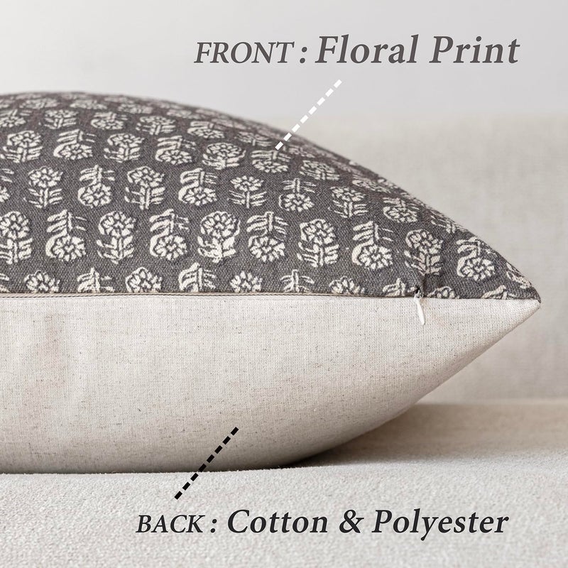 Foindtower Set of 2 Decorative Vintage Floral Print Throw Pillow Covers Neutral Modern Farmhouse Cushion Covers Boho Home Decor for Sofa Couch Chair Bedroom Living Room,18Ã—18 Inch,Rustic Gray - Image 2