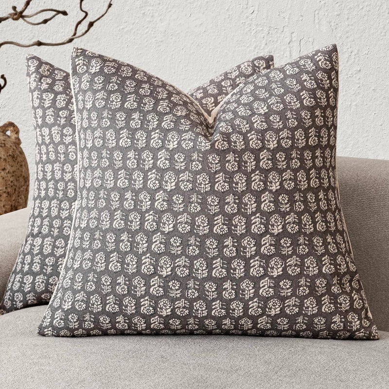 Foindtower Set of 2 Decorative Vintage Floral Print Throw Pillow Covers Neutral Modern Farmhouse Cushion Covers Boho Home Decor for Sofa Couch Chair Bedroom Living Room,18Ã—18 Inch,Rustic Gray - Image 1
