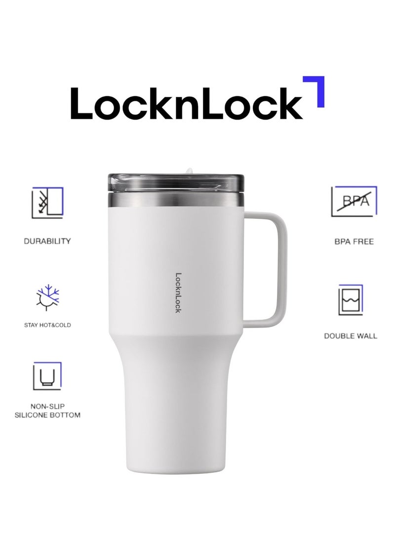 LOCK & LOCK LocknLock Metro Mug King 820ml Ivory White - Eco-Friendly, BPA-Free, Double-Wall Insulated Stainless Steel Mug with Spill-Resistant Lid, Non-Slip Bottom, and Integrated Handle for Hot and Cold Beverages - Image 1