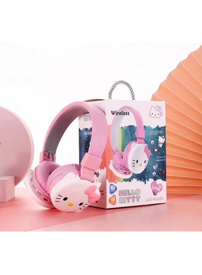 هالو كيتي سماعات أذن لاسلكية للأطفال، سماعات بلوتوث لطيفة للأولاد والبنات مع ميكروفون، هالو كيتي وردي، فوق الأذن وردي
