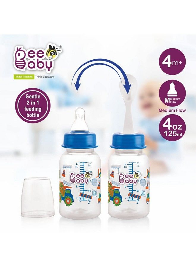 Beebaby زجاجة رضاعة لطيفة 2 في 1 ذات رقبة رفيعة مع حلمة سيليكون مضادة للمغص من جنتل تاتش وملعقة رضاعة (بلاستيكية) للأطفال من سن 4 أشهر فما فوق (أزرق 125 مل). - Image 3