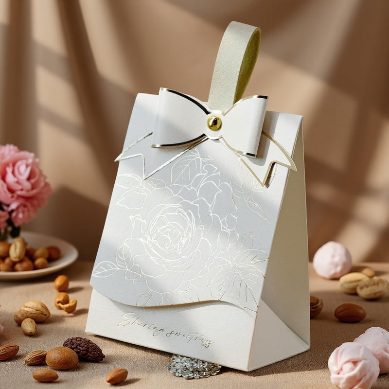 Rodvanvo 30 PCS Elegant Candy Gift Box Rose Pattern Bow Portable Candy Box Holiday Party Gift Box Bonbonniere (Ivory) - Image 2