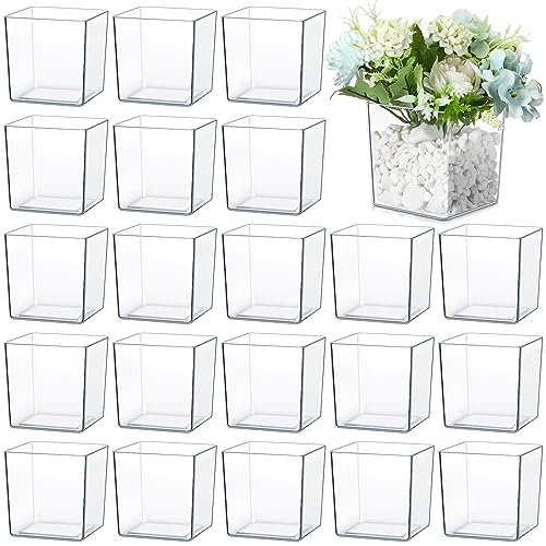 Tioncy 4 x 4 24 Pcs Cube Clear Flower Vase Acrylic Flower Vase Square Acrylic Container Cube Decorative Centerpiece for Plant Home Office Floral Decor