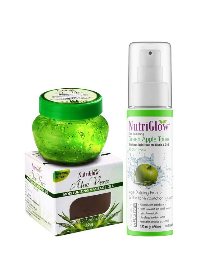 NutriGlow Combo of Skin Balancing Green Apple Toner (120ml), Aloe Vera Moisturizing Massage Gel For All Skin Types (100 G) Pack of 2(Toner + Aloe Vera Gel) 1x120ml + 1x100gm, 120 ml (Pack of 2) combo - Image 1