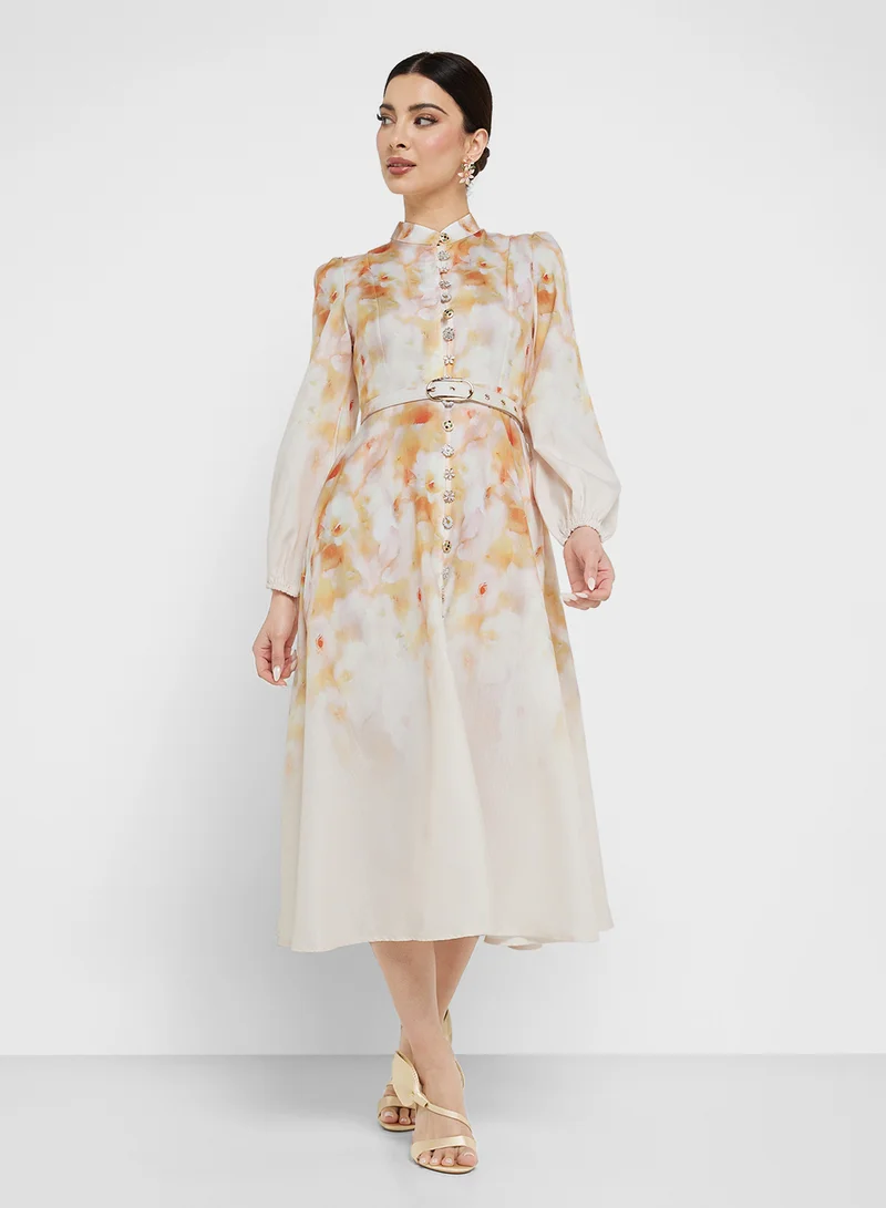 Khizana Belted Floral Midi Dress