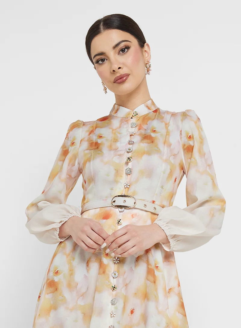 Khizana Belted Floral Midi Dress