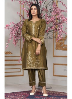 Bint Al Bilad Ready to Wear Embroidered Suit Khadi Viscose Fabric # 3002 Brown