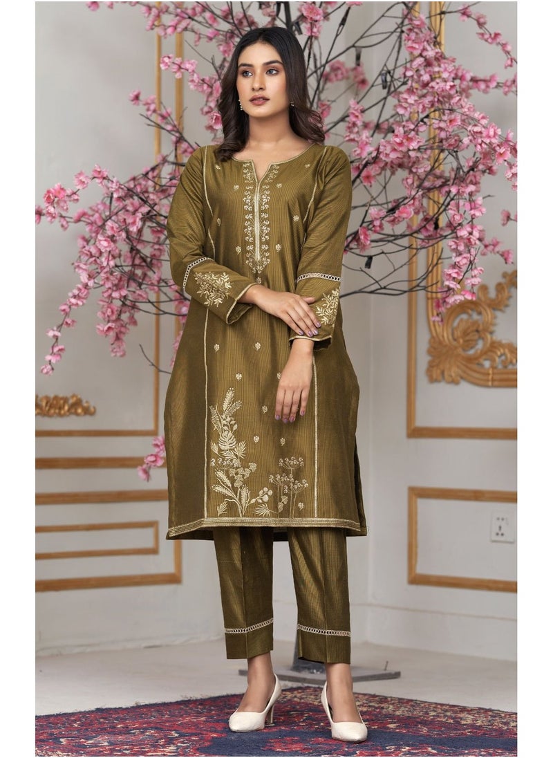 Bint Al Bilad - Bint Al Bilad Ready to Wear Embroidered Suit Khadi Viscose Fabric # 3002 Brown - Image 1
