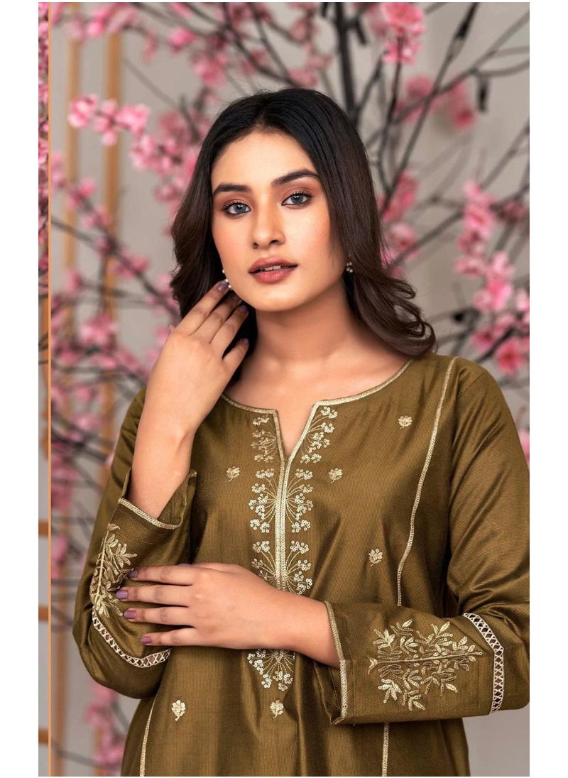 Bint Al Bilad - Bint Al Bilad Ready to Wear Embroidered Suit Khadi Viscose Fabric # 3002 Brown - Image 1
