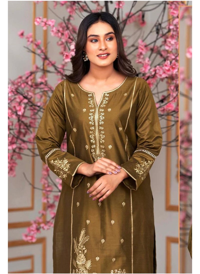 Bint Al Bilad - Bint Al Bilad Ready to Wear Embroidered Suit Khadi Viscose Fabric # 3002 Brown - Image 1