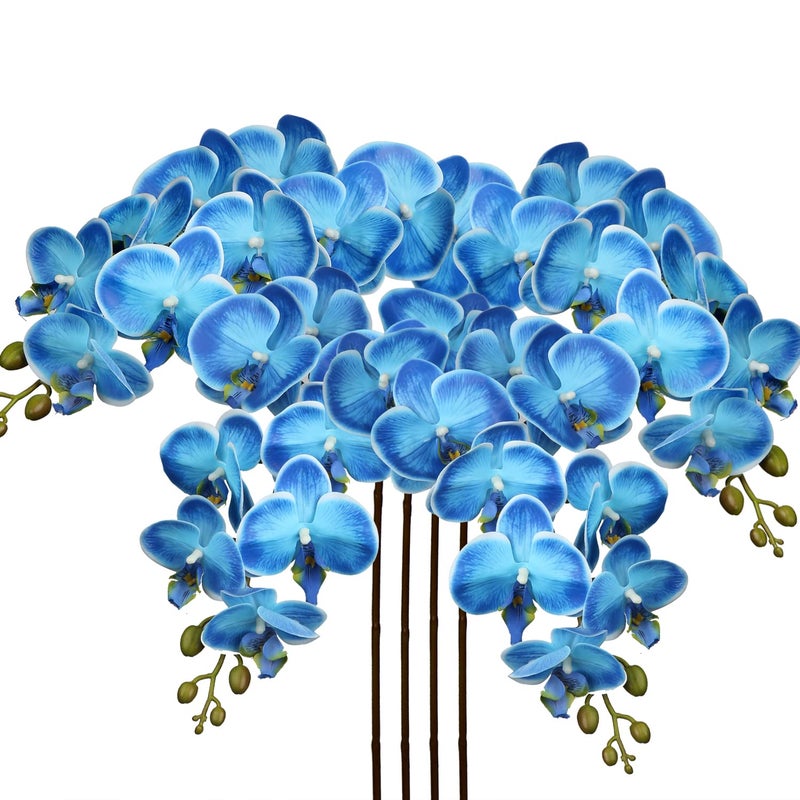 DILATATA 4 Pcs Fake Orchid Flowers 9 Large Heads of Real Touch Vivid Phalaenopsis Orchid Flower Stem 36 Tall Artificial Flowers Branches for Home Decor Office House DecoBlue Flowers