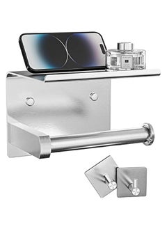 TRASSLE Toilet Paper Holder with Phone Shelf + Towel Robe Hooks, Adhesive or Screw Wall Mounted Toilet Paper Roll Storage, Stainless Steel Bathroom Tissue Roll Holder  - Image 1