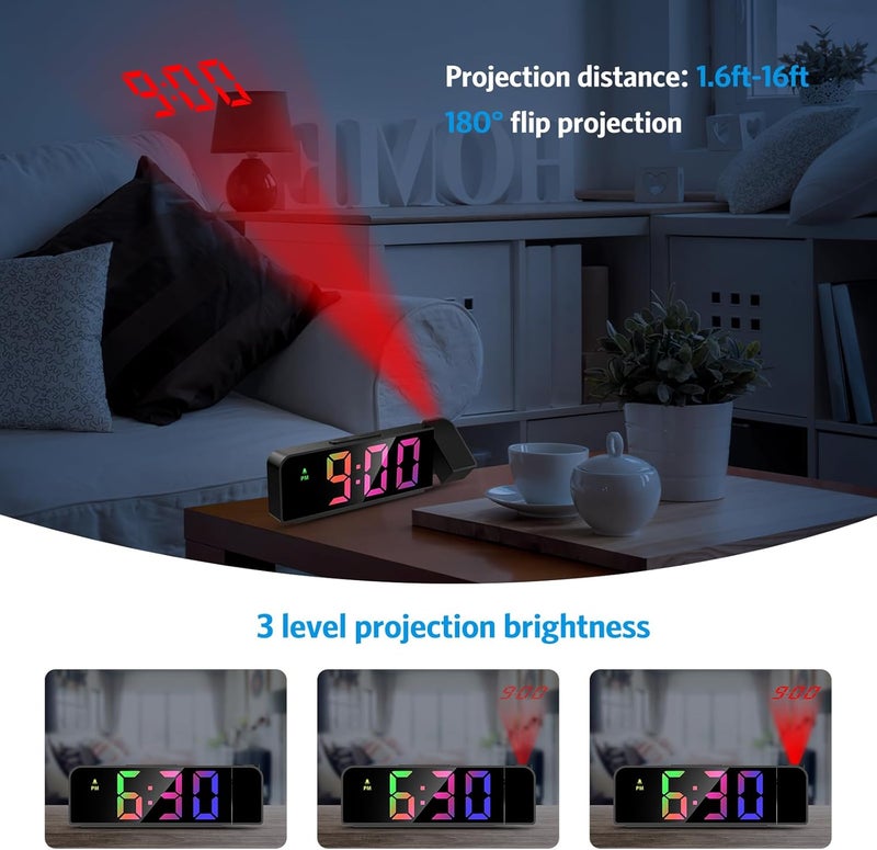 Ankilo Projection Alarm Clock for Bedrooms, 7.9" Large LED Display Alarm Clock with 180° Projection on Ceiling Wall with 4 Level Brightness, USB Charging,12/24H, Battery Backup, Snooze - Image 3