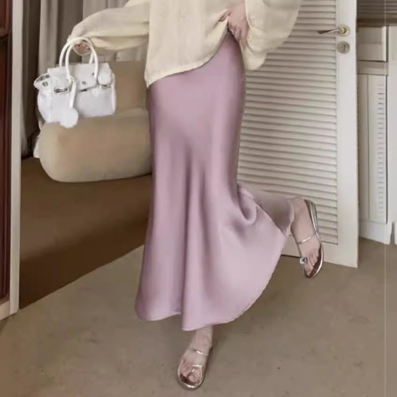 High Waist Slimming Mid-Length Satin Acetic Acid Silk Skirt Hip Fishtail A- Line Long Skirt - Image 2