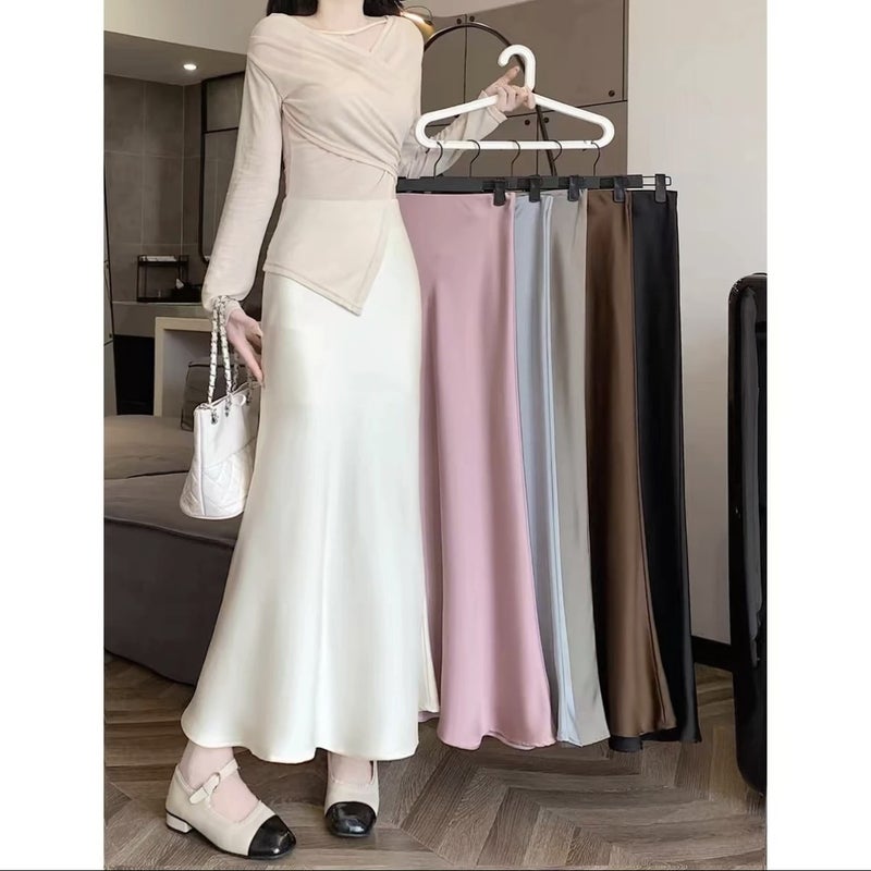High Waist Slimming Mid-Length Satin Acetic Acid Silk Skirt Hip Fishtail A- Line Long Skirt - Image 1