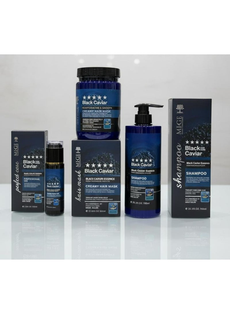 Mige Black Caviar Hair Moisturizing And Smoothening Shampoo, Mask And Serum - Image 1