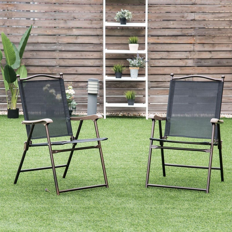 Giantex Set of 2 Patio Folding Chairs, Outdoor Patio Dining Chairs w/Armrest, Sling Back, Metal Frame, Outside Use for Lawn Camping Garden Pool Beach Yard Lounge, No Assembly, Black - Image 2