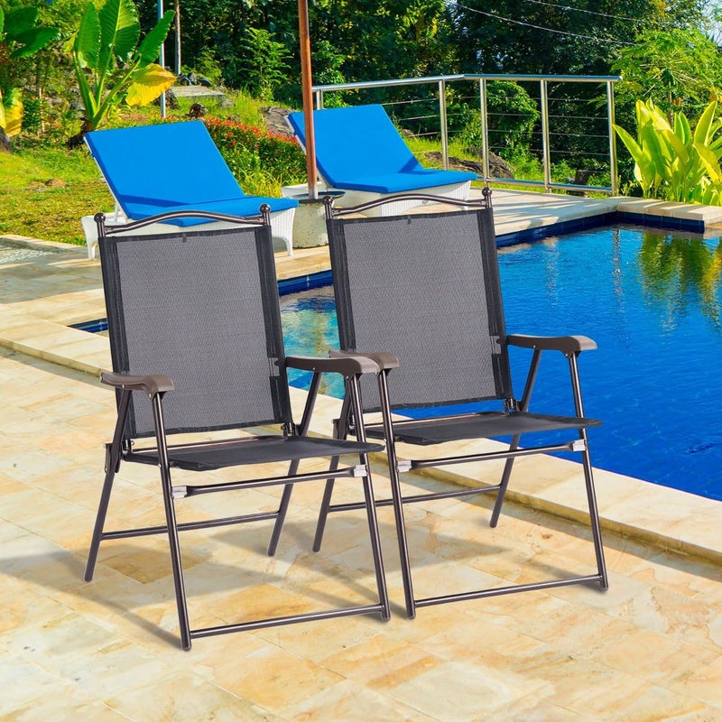 Giantex Set of 2 Patio Folding Chairs, Outdoor Patio Dining Chairs w/Armrest, Sling Back, Metal Frame, Outside Use for Lawn Camping Garden Pool Beach Yard Lounge, No Assembly, Black - Image 4