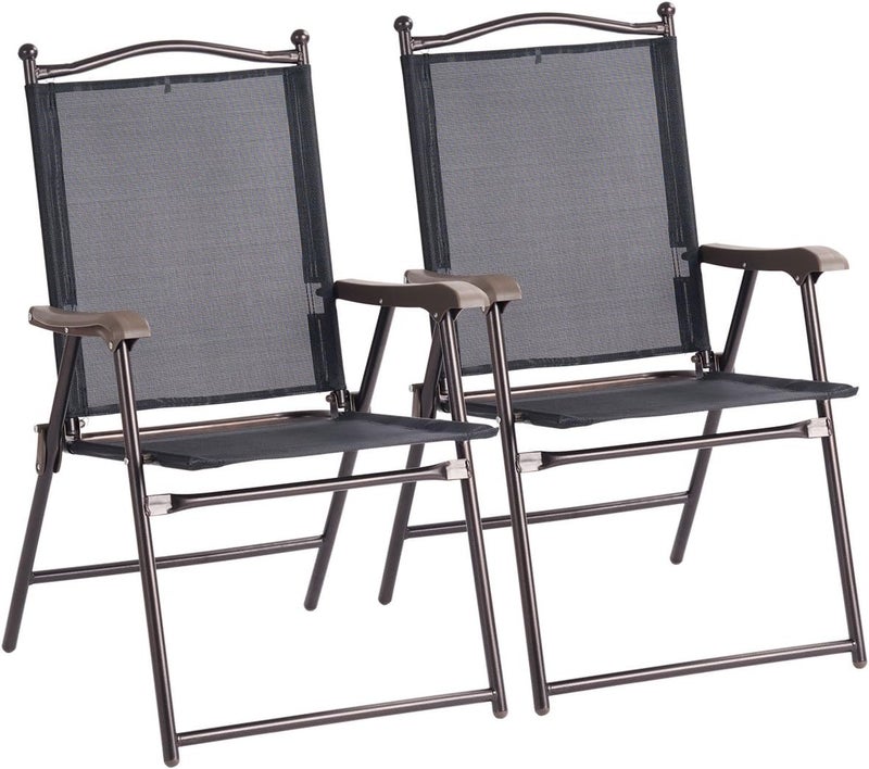 Giantex Set of 2 Patio Folding Chairs, Outdoor Patio Dining Chairs w/Armrest, Sling Back, Metal Frame, Outside Use for Lawn Camping Garden Pool Beach Yard Lounge, No Assembly, Black - Image 1