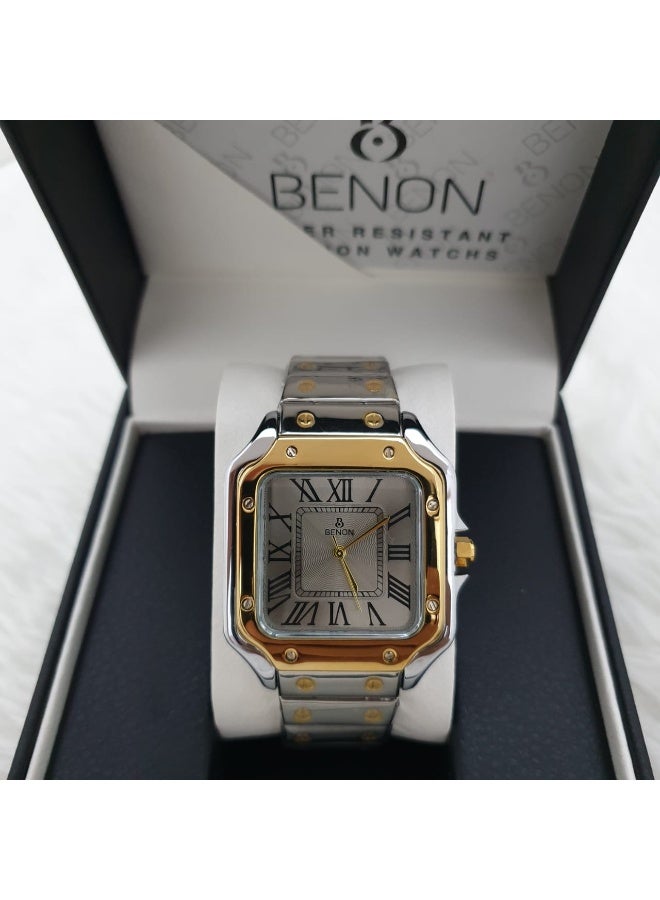 Men's steel wristwatch, Cartier style, water-resistant, modern and high quality, silver bracelet with a gray and gold dial