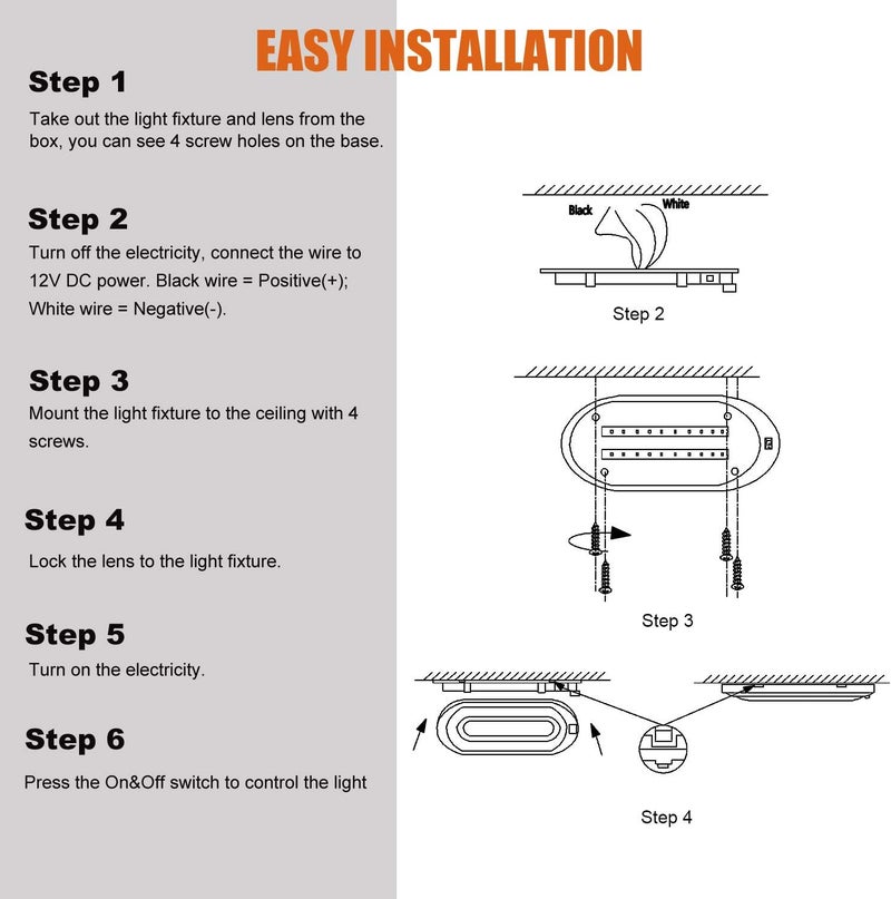 FACON 12V RV Light Fixture LED Ceiling Lamp - 6 Pack, DDS01-008, 12Volt Interior Light with Switch, for RV Motorhomes Camper Caravan Trailer Boat, 3400K - Image 5