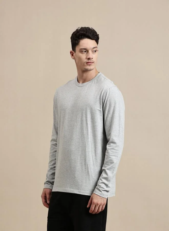 ECOLORE Men Grey 100% Cotton Long Sleeves Comfort Fit T-Shirt