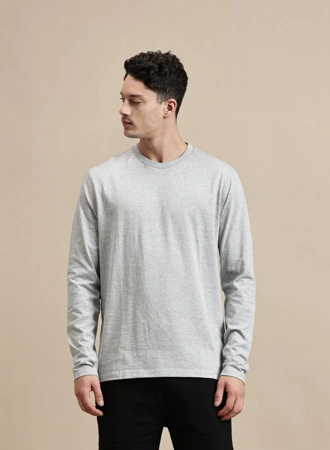 ECOLORE Men Grey 100% Cotton Long Sleeves Comfort Fit T-Shirt
