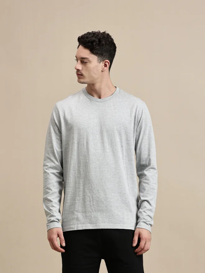 ECOLORE Men Grey 100% Cotton Long Sleeves Comfort Fit T-Shirt