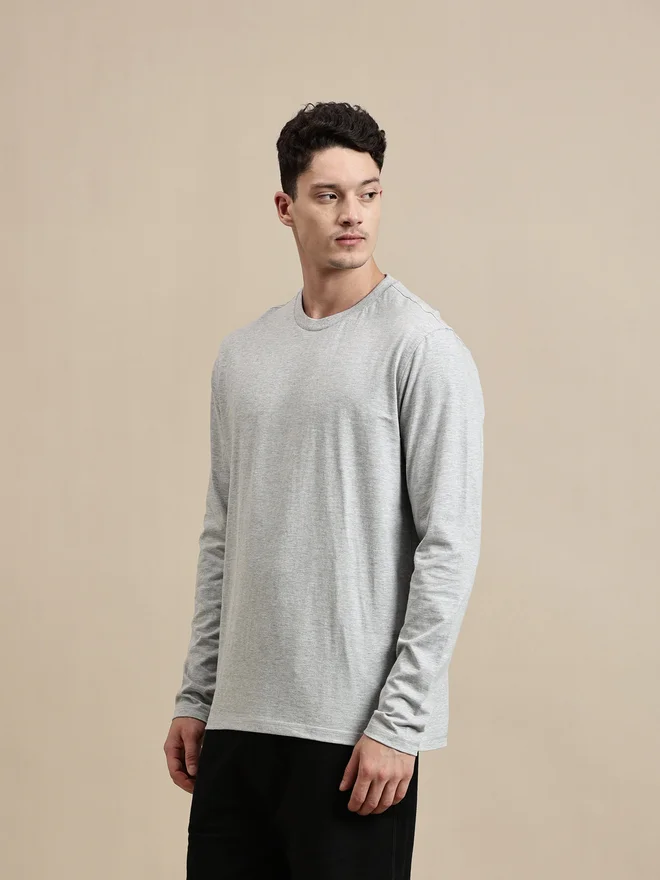 ECOLORE Men Grey 100% Cotton Long Sleeves Comfort Fit T-Shirt
