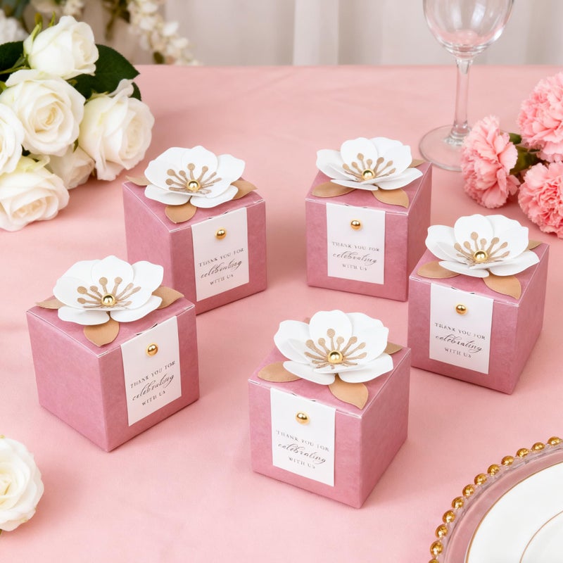 FEIYI 20 PCS Candy Boxes, 3 In 1Dusty Rose Favor Boxes with Floral Decor, White Thank You Tags Gift wrapping for Wedding Birthday Baby Shower Decorations Party -2.55x2.55x2.55'' - Image 4