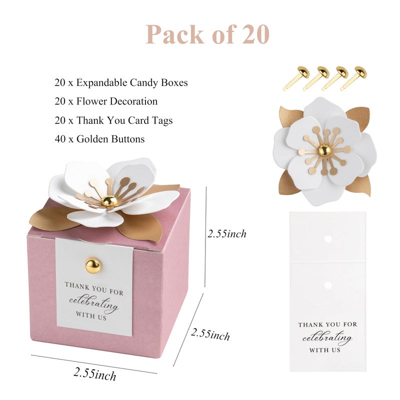 FEIYI 20 PCS Candy Boxes, 3 In 1Dusty Rose Favor Boxes with Floral Decor, White Thank You Tags Gift wrapping for Wedding Birthday Baby Shower Decorations Party -2.55x2.55x2.55'' - Image 2