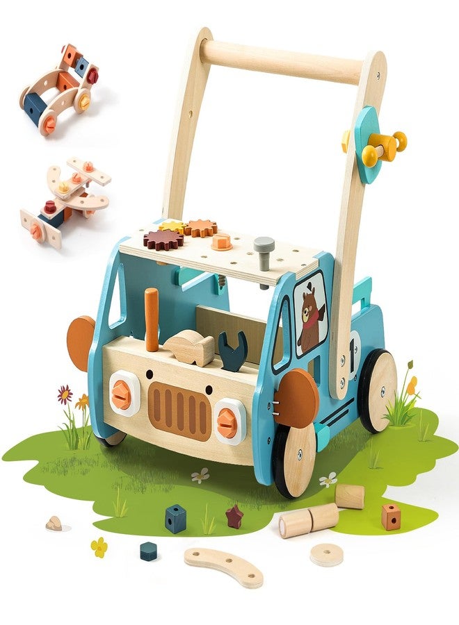 OESSUF 2-in-1 Wooden Baby Walker with 40 PCS Tool Toys - Baby Push Walker for 6-12 Months, Activity Center for Toddlers Aged 1-3 Years, Montessori Toy for Boys and Girls (Blue) - Image 1