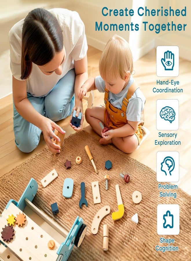 OESSUF 2-in-1 Wooden Baby Walker with 40 PCS Tool Toys - Baby Push Walker for 6-12 Months, Activity Center for Toddlers Aged 1-3 Years, Montessori Toy for Boys and Girls (Blue) - Image 3