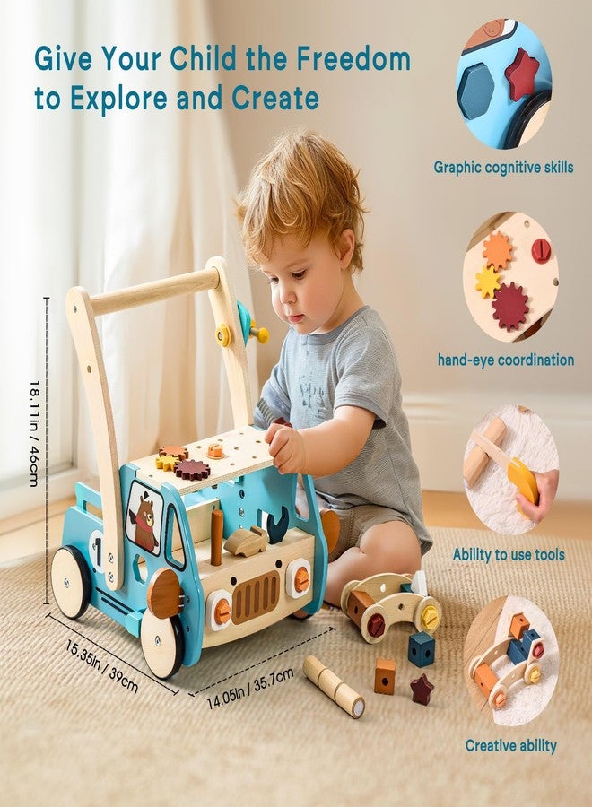 OESSUF 2-in-1 Wooden Baby Walker with 40 PCS Tool Toys - Baby Push Walker for 6-12 Months, Activity Center for Toddlers Aged 1-3 Years, Montessori Toy for Boys and Girls (Blue) - Image 2
