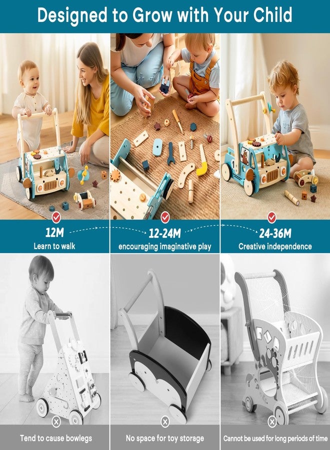 OESSUF 2-in-1 Wooden Baby Walker with 40 PCS Tool Toys - Baby Push Walker for 6-12 Months, Activity Center for Toddlers Aged 1-3 Years, Montessori Toy for Boys and Girls (Blue) - Image 4