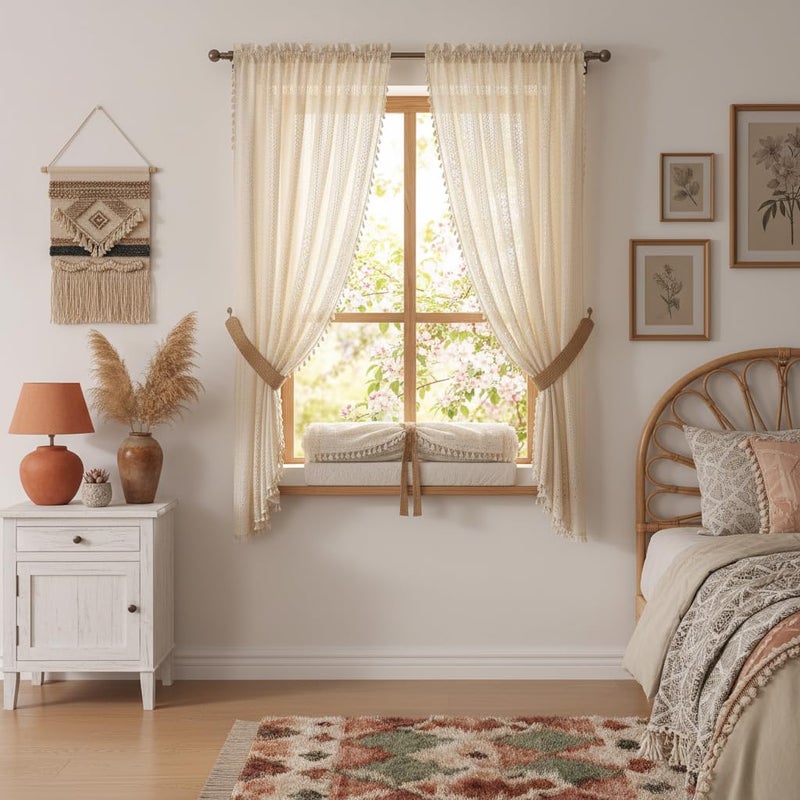 WAZZIO Boho Lace Curtains 63 Inches 2 Panel,Light Filtering Privacy Tassel & Geometry Crochet Semi Sheer Curtain Drapes for Bedroom Living Dining Room,Rod Pocket & Tassel,Vintage French Country,Beige - Image 5