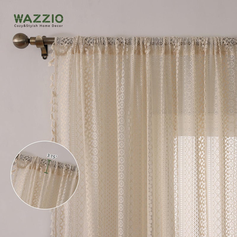WAZZIO Boho Lace Curtains 63 Inches 2 Panel,Light Filtering Privacy Tassel & Geometry Crochet Semi Sheer Curtain Drapes for Bedroom Living Dining Room,Rod Pocket & Tassel,Vintage French Country,Beige - Image 4
