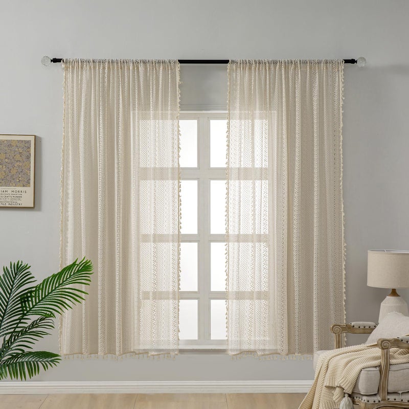 WAZZIO Boho Lace Curtains 63 Inches 2 Panel,Light Filtering Privacy Tassel & Geometry Crochet Semi Sheer Curtain Drapes for Bedroom Living Dining Room,Rod Pocket & Tassel,Vintage French Country,Beige - Image 2