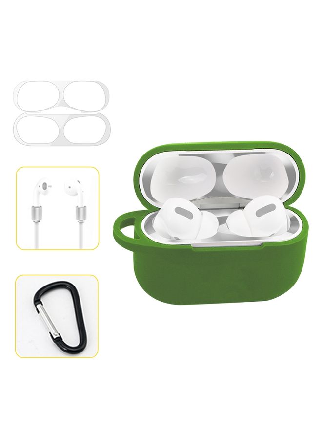 Case Cover For AirPods Pro Silicone Wireless Earphone Protective Case Storage Box with Hook & Anti-drop Rope Green+Silver Inner Sticker