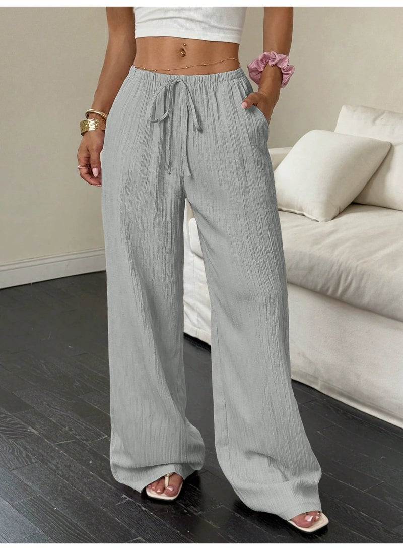 general 2025-2026 Women's casual solid-textured fabric knotted waist slant pocket wide-leg pants - Image 1