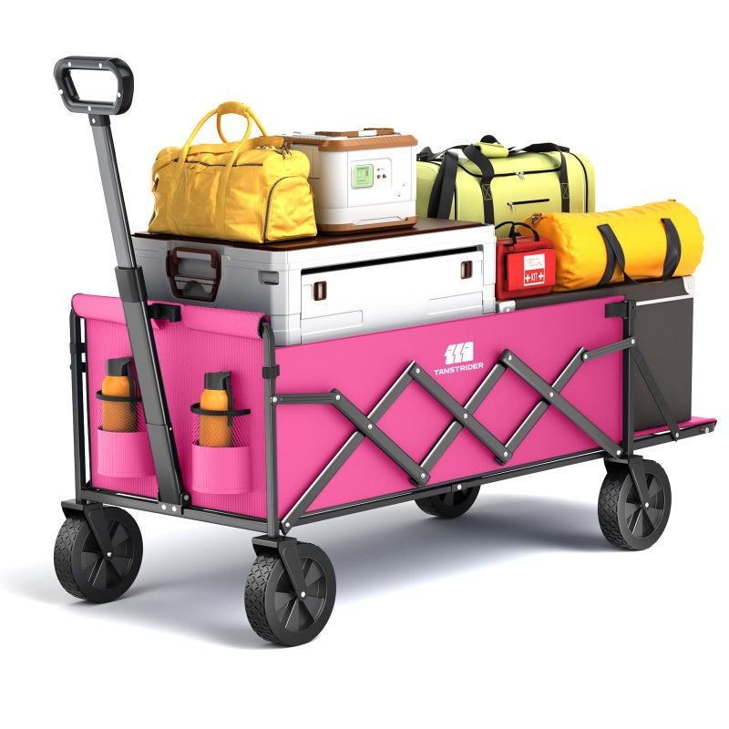 TANSTRIDER Collapsible Wagons Carts Foldable with Extended Tailgate, Folding Wagon Cart on Wheels, Portable Heavy Duty Shopping Carts for Groceries, Apartment, Garden, Camping, Sports, Outdoor (Pink) - Image 1