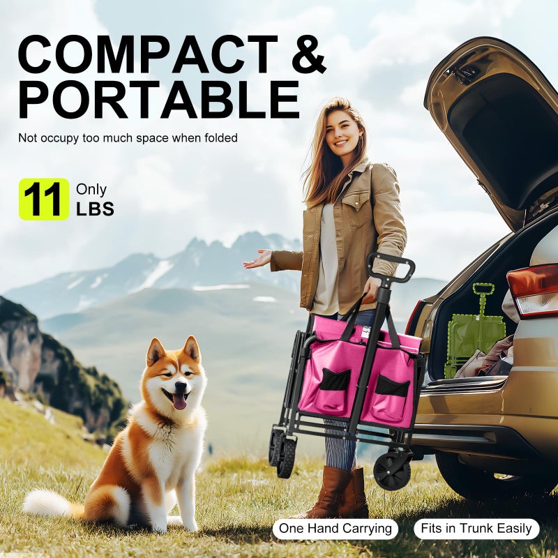 TANSTRIDER Collapsible Wagons Carts Foldable with Extended Tailgate, Folding Wagon Cart on Wheels, Portable Heavy Duty Shopping Carts for Groceries, Apartment, Garden, Camping, Sports, Outdoor (Pink) - Image 3