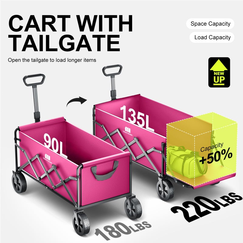 TANSTRIDER Collapsible Wagons Carts Foldable with Extended Tailgate, Folding Wagon Cart on Wheels, Portable Heavy Duty Shopping Carts for Groceries, Apartment, Garden, Camping, Sports, Outdoor (Pink) - Image 5