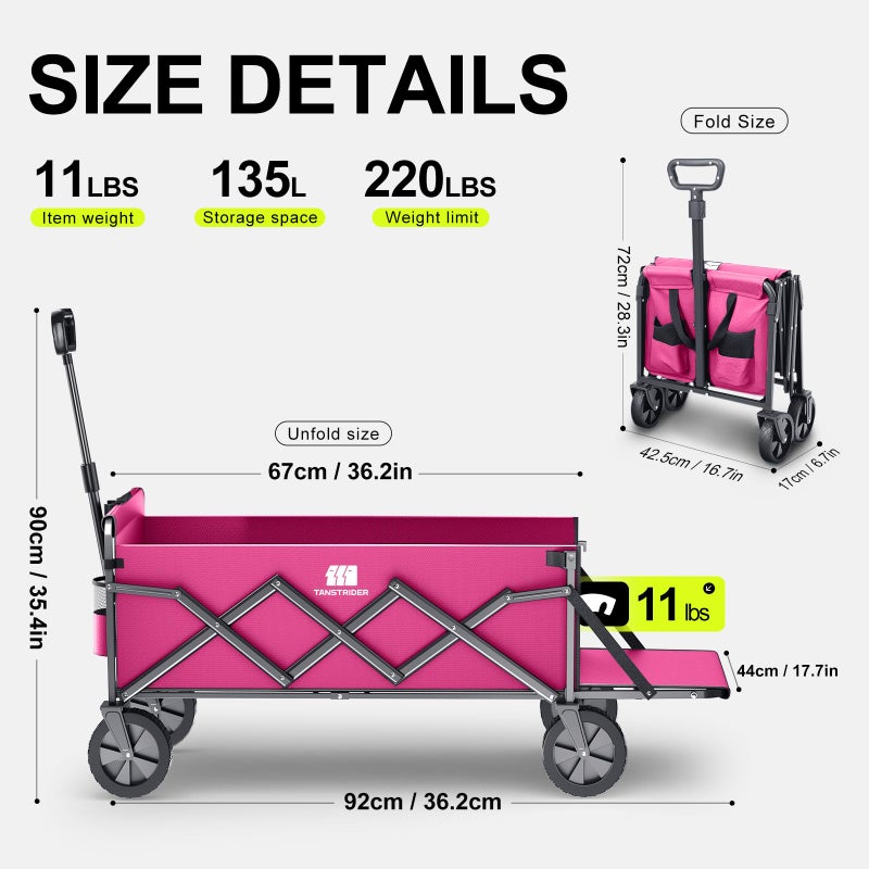 TANSTRIDER Collapsible Wagons Carts Foldable with Extended Tailgate, Folding Wagon Cart on Wheels, Portable Heavy Duty Shopping Carts for Groceries, Apartment, Garden, Camping, Sports, Outdoor (Pink) - Image 2