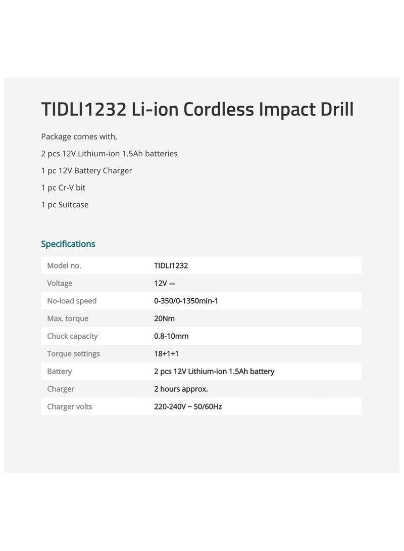توتال دريل 2 بطارية رجاج شنطة فولط 12 وولت  TIDLI1232 - Image 3