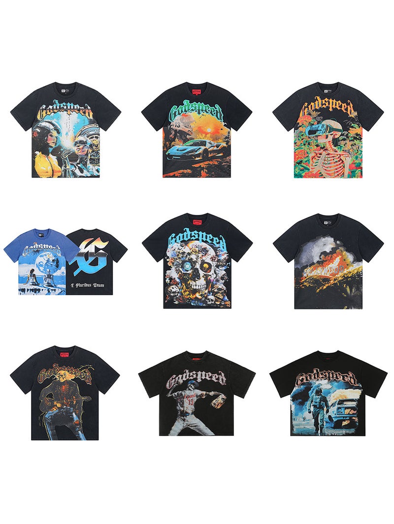 2025 Cross-border Summer New American Style Loose Street Retro T-shirt Fashion Brand Short-sleeved GODSPEED Digital Printing - Image 3