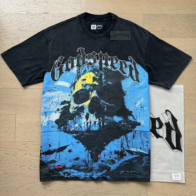 2025 Cross-border Summer New American Style Loose Street Retro T-shirt Fashion Brand Short-sleeved GODSPEED Digital Printing - Image 1